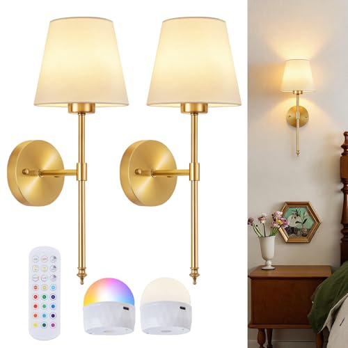 Image of Battery Operated Wall Sconces Set of 2, Wireless Battery Wall Light with 5200mAh Dimmable Bulbs with Remote,RGB15 Colors Wireless Wall Lamps for Bedroom Living Room Hallway Decor-Brass Gold