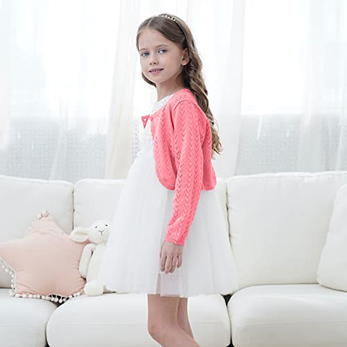 Girls Open Front Crochet Knit Bolero Shrug Kids Long Sleeve Button Down Cropped Cardigan Sweaters Cute Warm Knitwear For Dress,Rose Pink,9-10 Years #TOP4