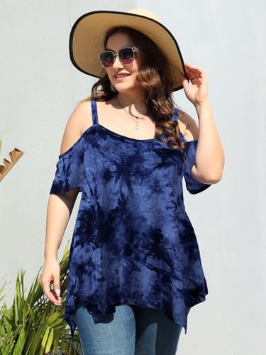 Image of LARACE Cold Shoulder Tops for Womens Summer Clothes Spaghetti Strape Tunic Oversized Shirts Asymmetrical Plus Size Blouse