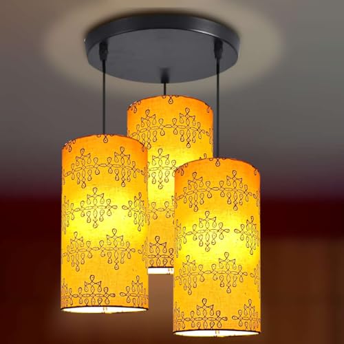 Image of 3 Set Hanging Cluster Light - Pendant Lamps in Cylindrical Shape for Living Rooms /Bed Rooms (Printed Kolam)