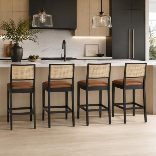 Image of Rattan Counter Height Bar Stools Set of 4, 26'' Modern Counter Stools with Cane Back, Mid Century Bar Chairs for Kitchen Counter /Home Bar /Restaurant, Brown