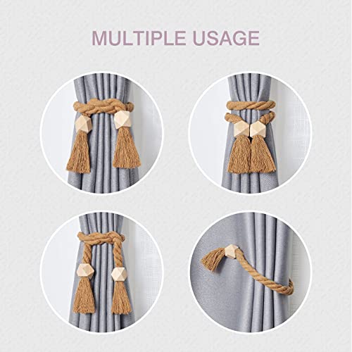 NICEEC 2 Pack Wooden Polyhedron Magnetic Curtain Tiebacks Boho Home Decor Drape Tie Backs Natural Cotton Hand Woven Rope Curtain Holdbacks for Home & Office Window Draperies (Light Coffee)