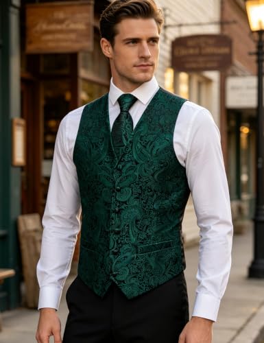 Image of DiBanGu Mens Vest and Tie Set Formal Paisley Waistcoat and Necktie Pocket Square Cufflinks Silk Suit Vest for Tuxedo Wedding