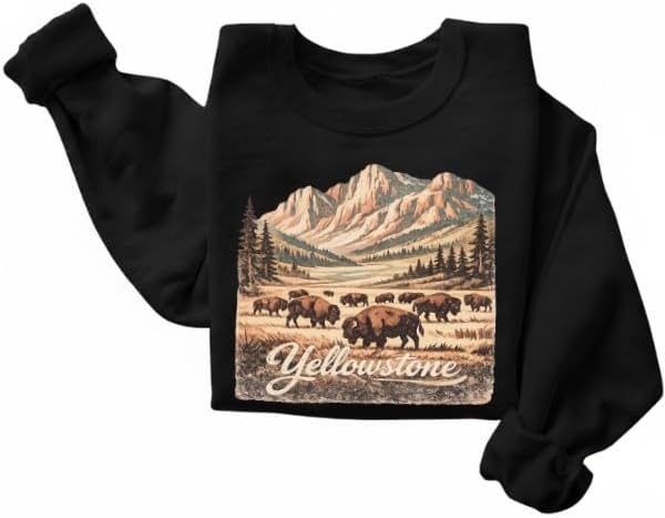 FITIN Unisex Yellowstone National Park Sweatshirt – Vintage Bison & Mountain Wildlife Graphic Crewneck Pullover