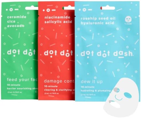 Dot Dot Dash Variety Pack Face Mask - Includes Salicylic Acid Cleanser Mask with Niacinamide, Hydrating Face Mask Infused with Hyaluronic Acid and Rosehip Oil, and Ceramide Serum with Cica Nourishing Mask - (3 Count)