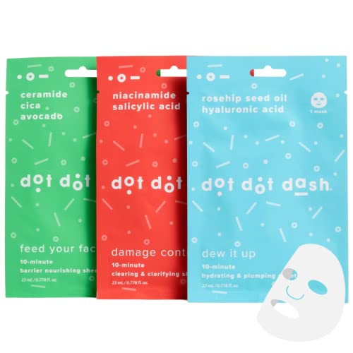 Dot Dot Dash Variety Pack Face Mask - Includes Salicylic Acid Cleanser Mask With Niacinamide, Hydrating Face Mask Infused With Hyaluronic Acid And Rosehip Oil, And Ceramide Serum With Cica Nourishing Mask - (3 Count) #TOP3