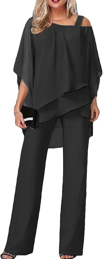2 Piece Semi Formal Pants for Wedding Guest Half Sleeve Jumper and Wide Leg Jumpsuit Chiffon Pantsuit