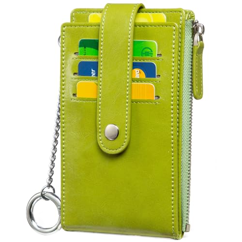 Huztencor Credit Card Holder for Women RFID Small Wallet Women Slim - Multi Zipper Card Case with Keychain Oil Green