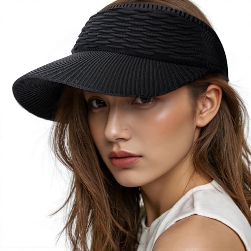 Pleneal Sun Visor Hats for Women, Wide Brim Beach Ponytail Hats, UV Protection Summer Packable Foldable Topless Caps, Black-2