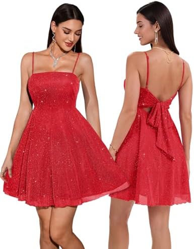 DRESSTELLS Sparkly Cocktail Dress, 2025 Bow Tie Spaghetti Strap Short Party Aline Flowy Dresses