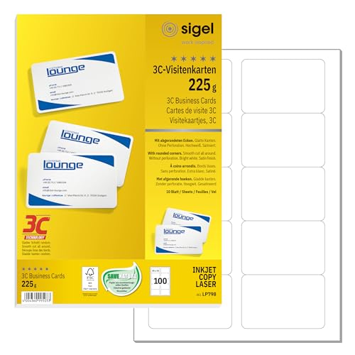 SIGEL LP798 Tarjetas de visita, 3C, imprimible, cartas de juego en blanco para anotar, 85x55 mm (A4), 225 g, 100 unds, 10 hojas