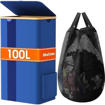 BlissTotes 100L Bamboo Laundry Hamper with Lid, Breathable Mesh Bag & Window, Portable, Moisture Resistant, Blue