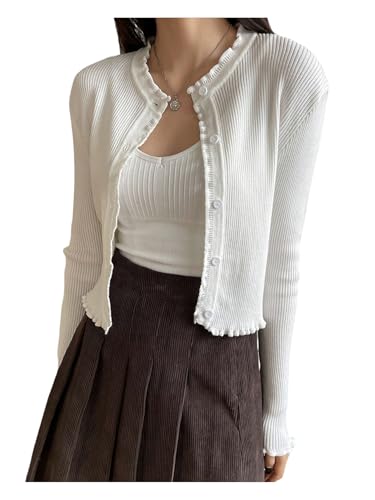 GORGLITTER Womens Rib Knit Button Down Cardigans Crewneck Long Sleeve Frilled Crop Sweaters White L