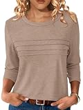 NORACORA Top da donna a 3/4 con maniche a 3/4 leggero girocollo elegante a tunica plissettata magliette casual estive camicette 2025, Khaki chiaro , Large