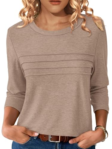 NORACORA 3/4 Sleeve Tops for Women T Shirts Dressy Casual Spring Fall Outfits Pleated Front Shirts Round Neck Casual Tunic Basic Tee Tops Light Khaki XL