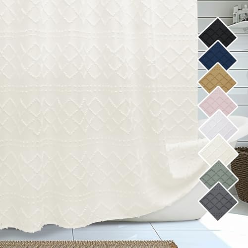Lecloud Beige Fabric Shower Curtain 72 x 78 Inches, Boho Farmhouse Minimalist Jacquard Plaid Striped Tufted Textured Bathroom Shower Curtain Set for Hotel by Lecloud - Used condition - US$14.62