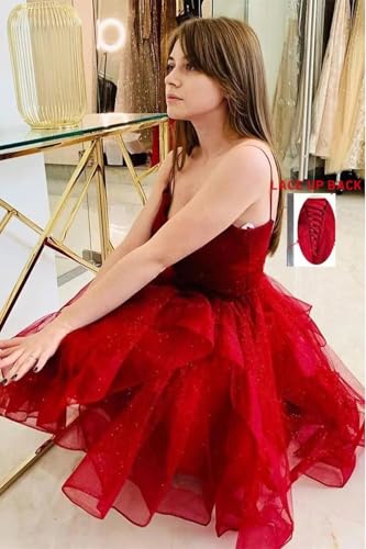 Glitter Tulle Short Prom Dress Spaghetti Straps V Neck Tiered Homecoming Dresses for Teens 2025 Sparkly Cocktail Gown2