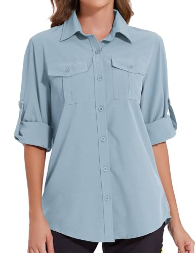 Tuopuda Blusa de Manga Larga para Mujer con Cuello en V Suelta Camisa de Secado Rápido con Bolsillos,UPF 50+Protección UV Informal Top Deportivo para Safari,Camping,Viajes(Azul,M)
