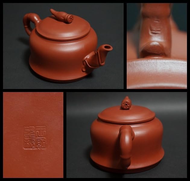 閑 煎茶道具 中国紫砂芸術家 王国望造 紫砂壺 細工彫り 蓮文 黄龍山鉱