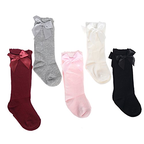 Yantu 5-Pack Baby Girls Knee High Socks Tube Infants Bow Long Stockings Toddlers Ruffled Leggings