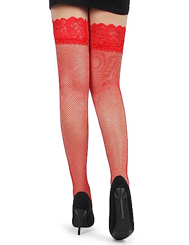 Image of comeondear Women Fishnet Thigh High Stockings Plus Size Socks with Antiskid Silicone Lace Top Sheer Nylons Pantyhose Tights