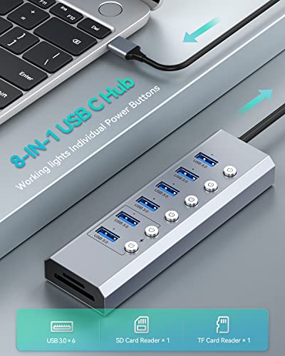 Powered-USB-30-Hub-Elecife-8-Port-Powered-USB-Hub-Aluminum-USB-Splitter-with-6-USB-30-Data-Ports-SDTF-Card-Readers-Individual-OnOff-Power-Switches-and-5V3A-Power-Adapter-for-PC-and-Laptops
