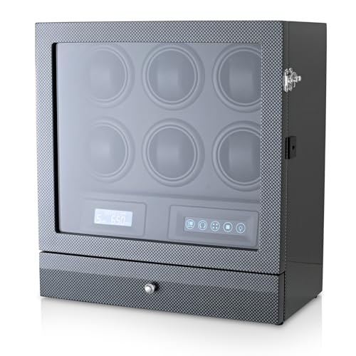 LEDライト、収納引き出し、LCDタッチスクリーンコントロール付き自動巻き時計ワインダー, カーボン, 腕時計ワインダー。