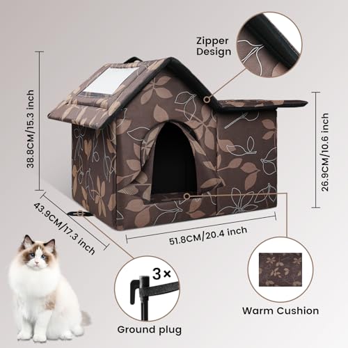 WHDPETS Katzenhütte Outdoor Winterfest Isoliert, Katzenhöhle für Draußen Katzenhütte Outdoor Winterfest Wasserdicht, Abnehmbarem Transparentem Vorhang (Braun)