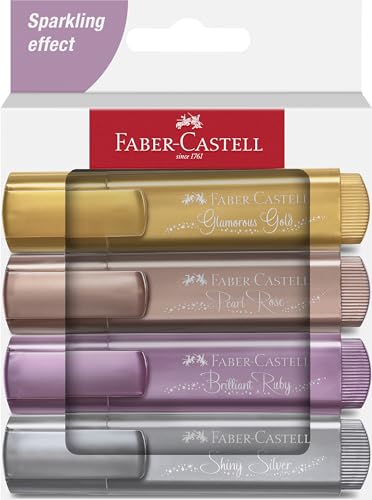 Faber-Castell 254674 Pochette de 4 Surligneurs Métalliques, Pointe Biseautée de Précision, Couleurs Vibrantes, Marqueurs Plats Ergonomiques
