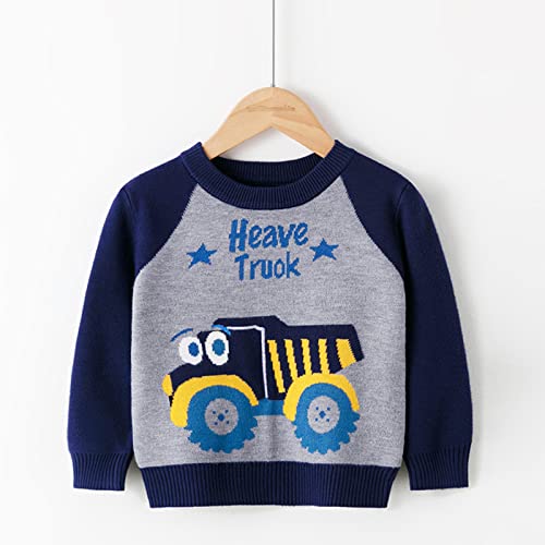 Boys Knitted Cardigan for Kids Toddler Boys Girls Patchwork Colour Cartoon Car Print Sweater Long (Navy, 2-3 Years)2