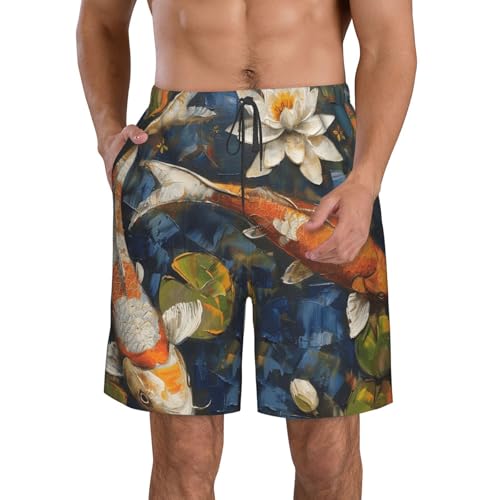 Men's Quick Dry Swim Shorts Fish Oil Painting Lotus Flowers Asian Style Beach Trunks with Pockets