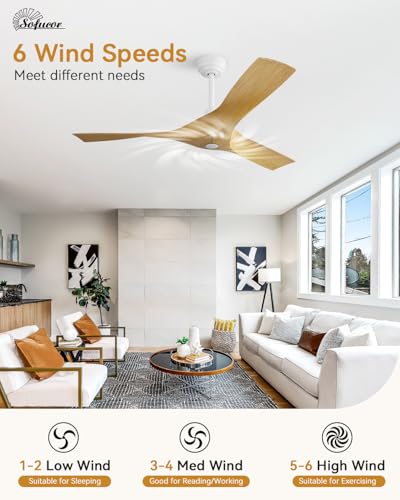 Image of Sofucor 52 Inch Smart Ceiling Fan No Light, Modern Ceiling Fan with 3 Plastic Blades, Compatible with Alexa /Google /App, 6 Speeds 4500CFM, Timer Quiet Reversible DC Motor, ETL /FCC