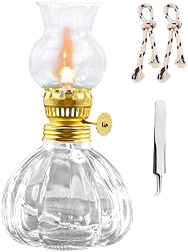 Kerosene Oil Lamp for Indoor Use,1 Glass Kerosene Lamp,2 Wicks and 1 Tweezers,Classic Retro Hurricane Lantern Decoration Outdoor Camping(Hyaline)