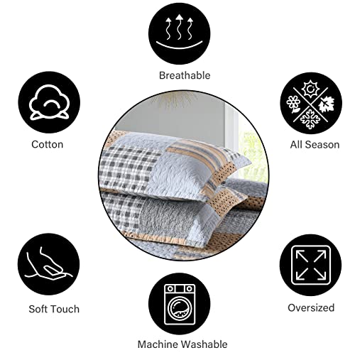 Pangushan Quilts Set Queen Size,100% Cotton Quilt,Plaid Patchwork Queen Quilt Bedding Set Bedspread,Grey/Orange Lightweight Comforter Reversible Bed Spread For Queen Bed,3 Pieces #TOP4