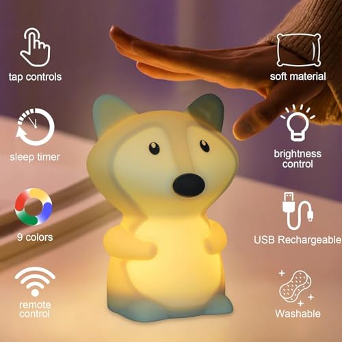 Image of MUID Fox Silicone Night Lamp | Rechargeable Nursery Night Light for Kids, Portable Color Changing LED Nightlight - Break Resistant, Eye Caring, Adjustable Brightness & Color and Time Setting