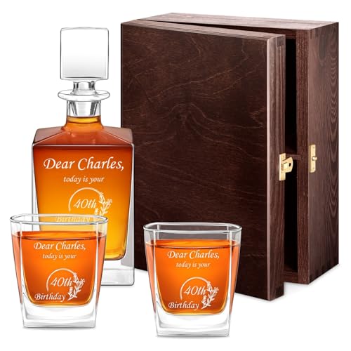 Maverton Geometric Whiskey Decanter and Glasses with Engraving - Symmetrical Carafe for him - 2/4/ 6 Customised Glasses for Man - Stylish Barware for Birthday - Whisky Set for Husband - Wishes