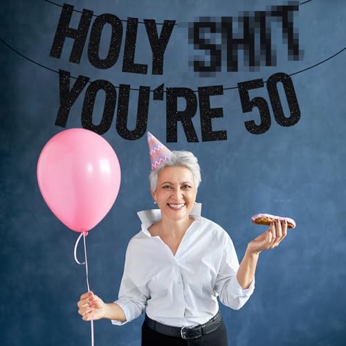 Image of Black Glitter Holy Shit You're 50 Banner, Happy 50th Birthday /Cheers to 50 Years /50 Years Loved & Blessed, Funny 50th Birthday Party Decorations Supplies