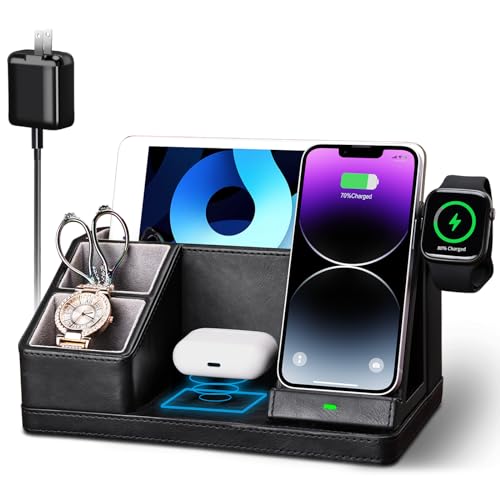 Wireless Charging Station, 4 in 1 Wireless Charger for iPhone, Fast Wireless Charging Stand Dock for iPhone 15 14 13 12 11 X Pro Max & Apple Watch & AirPods(Black)