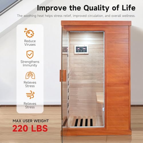 Sauna, Far Infrared Saunas for Home 1 Person Wood Sauna Okoume 800W/110V Low Emf Dry Sauna Indoor Sauna Room with Tempered Glass Door/Speakers/Air Hole and LED Lighting - 35.2*27.6*61.6 IN - Image 6