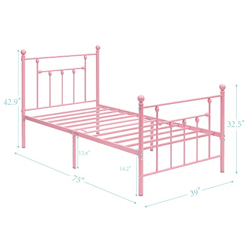 Vecelo Twin Size Metal Platform Bed Frame For Girls Kids Adults, With Headboard And Footboard/No Box Spring Needed Mattress Foundation, Festival Gift Birthday Present, Pink #TOP6