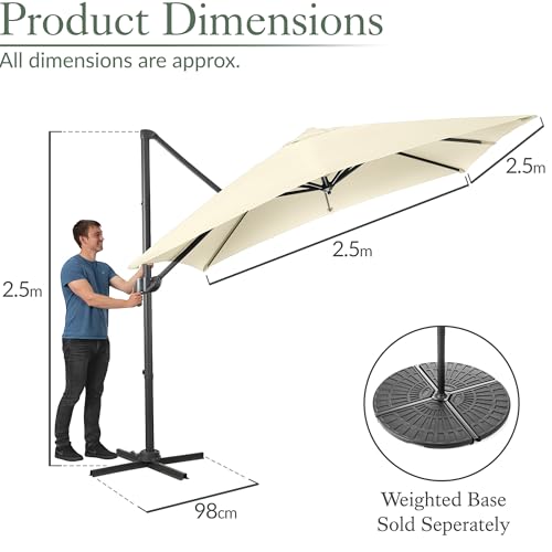 Christow 2.5M Square Cantilever Parasol, Hanging Banana Umbrella, Outdoor Patio Garden, Uv-Resistant, Tilt & Rotate - 7