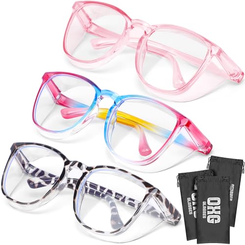 OXG 3 Pack Stylish Safety Glasses ANSI Z87+ Anti Fog Safety Goggles Blue Light Blocking Protective Eyewear for Nurses (Leopard+Rianbow+Pink)