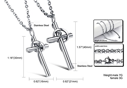 His & Hers Matching Set Titanium Stainless Steel Couple Pendant Women's & Men's Necklace"Lingering Love Cross" (1 Pair Silver) #TOP1