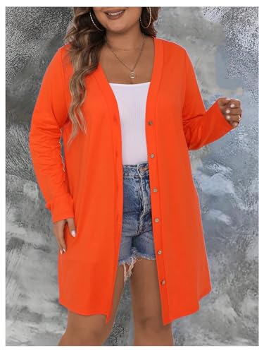 Image of SOLY HUX Women's Plus Size Cardigan Button Down V Neck Long Sleeve Casual Outerwear Plain Orange 1XL