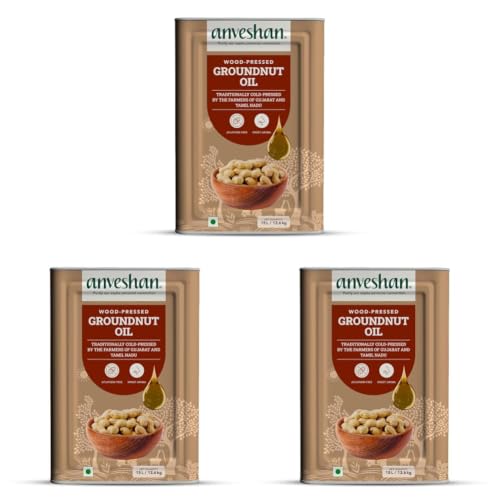 Image of Anveshan Wood Pressed Groundnut Oil - 15 Litre | Tin Can | Kolhu /Kacchi Ghani /Chekku | Peanut Oil | Natural | Chemical-Free | Cold Pressed Groundnut Oil for Cooking (Pack of 3)