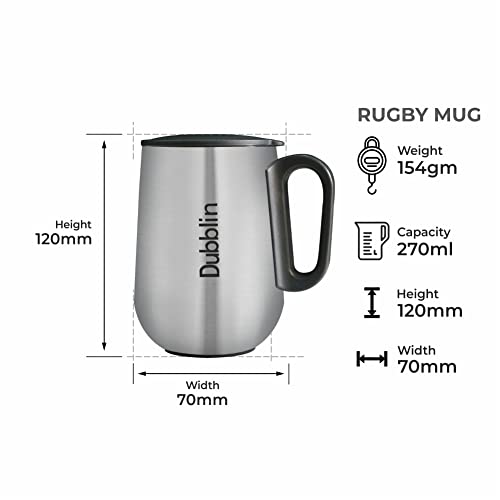 Image of DUBBLIN Rugby Stainless Steel Unbreakable Tea Coffee Mug Double Wall with Handle and Lid, Wide Mouth Mug Keeps Beverages Hot & Cold 270 ML Silver