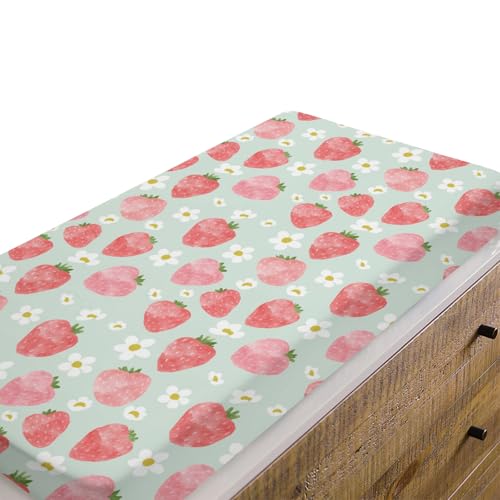 EyMzcod Baby Girls Changing Pad Covers Pink Strawberry, Watercolor Green Fruit Flower Safe Snug Fitted Diaper Table Sheet, Soft Breathable Stretchy Change Mat Shower Gift Fit 32 34 x 16