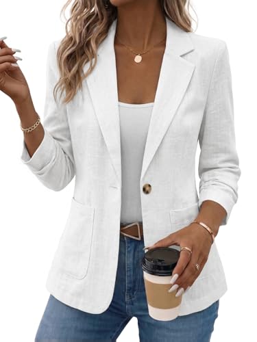 Mina Self Linen Blazer Jackets for Women 2026 Summer Womens White Blazers 3/4 Sleeve Casual Lightweight Ladies White Business Work Fitted Petite Fashion Dressy Trendy Womens Blazers & Suit Jackets