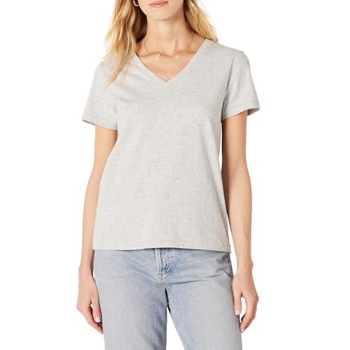 Amazon Essentials Women's Regular Fit 100% Cotton V-Neck Short Sleeve T-Shirt, Light Grey Heather, M