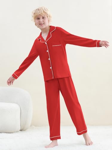 Umeyda Boys 100% Cotton Pajamas Set Kids Soft Long Sleeve Top and Pants Sleepwear 2 Pcs Button-Up Comfy Pjs Set for Ages 4-123